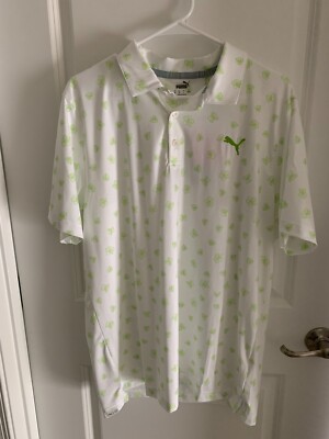 Puma Golf Polo Shirt Spring Pattern Mattr White Green Mens Medium 532981 04