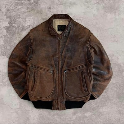 1990s Avirex Vintage Leather Jacket Cracked Faded Distressed Medium 42 grain brw