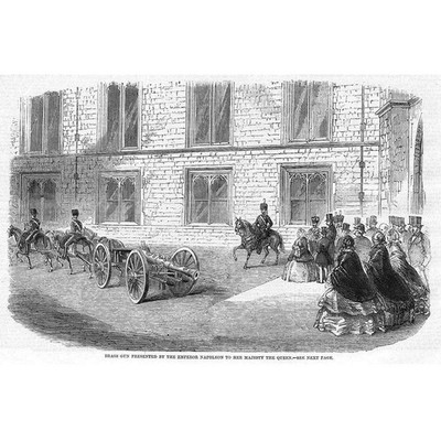 Messingkanone der Königin von Kaiser Napoleon überreicht - antiker Druck 1858
