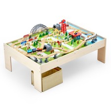 Uimoso Wooden Train Table with 120-Piece Set and Foldable Storage Bin for Kids