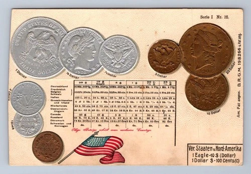 COINS NUMISMATIC UNITED STATES FLAG PATRIOTIC EMBOSSED POSTCARD (c.1905) !!