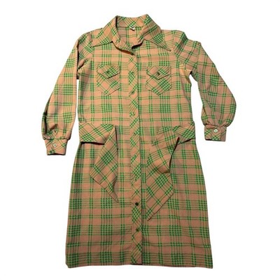 Vintage 70s Beeline Fashions Plaid Shirt Dress Green Tan Mod dagger collar midi