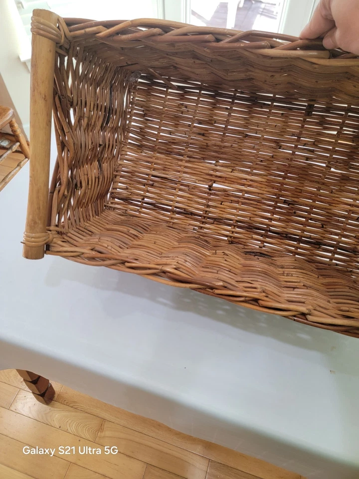 Large Basket Wood Handles Woven Rattan Wicker 15”x11”x8”  - Image 3 of 4