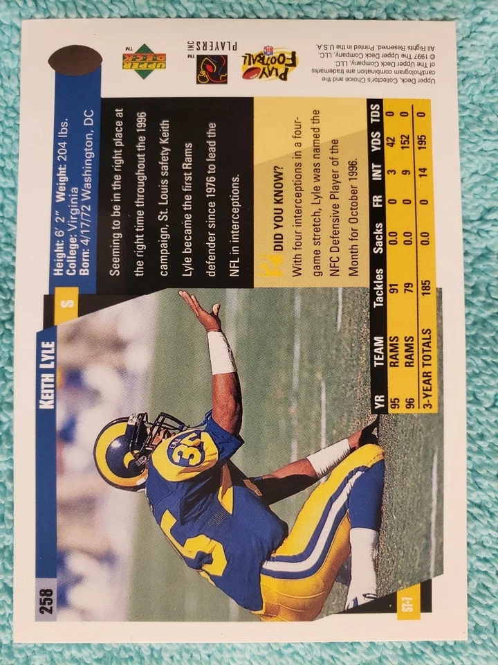 1997 COLLECTOR'S CHOICE KEITH LYLE #258 ST. LOUIS RAMS - Image 4 of 4