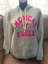 American Eagle Outfitters Pink Logo Pullover Hoodie Fleece Pockets Gray L