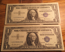 Two (2) 1957 Silver Certificate Dollar Star Notes Consecutive #'s Crisp