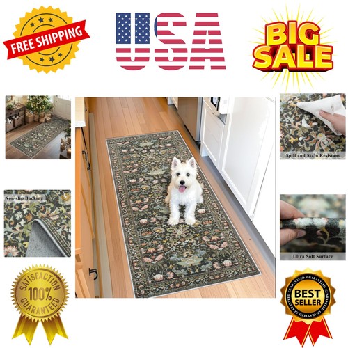 Hallway 2x5 Washable Runner Rug: Oriental Floral Stain Resistant Rug for Entr...