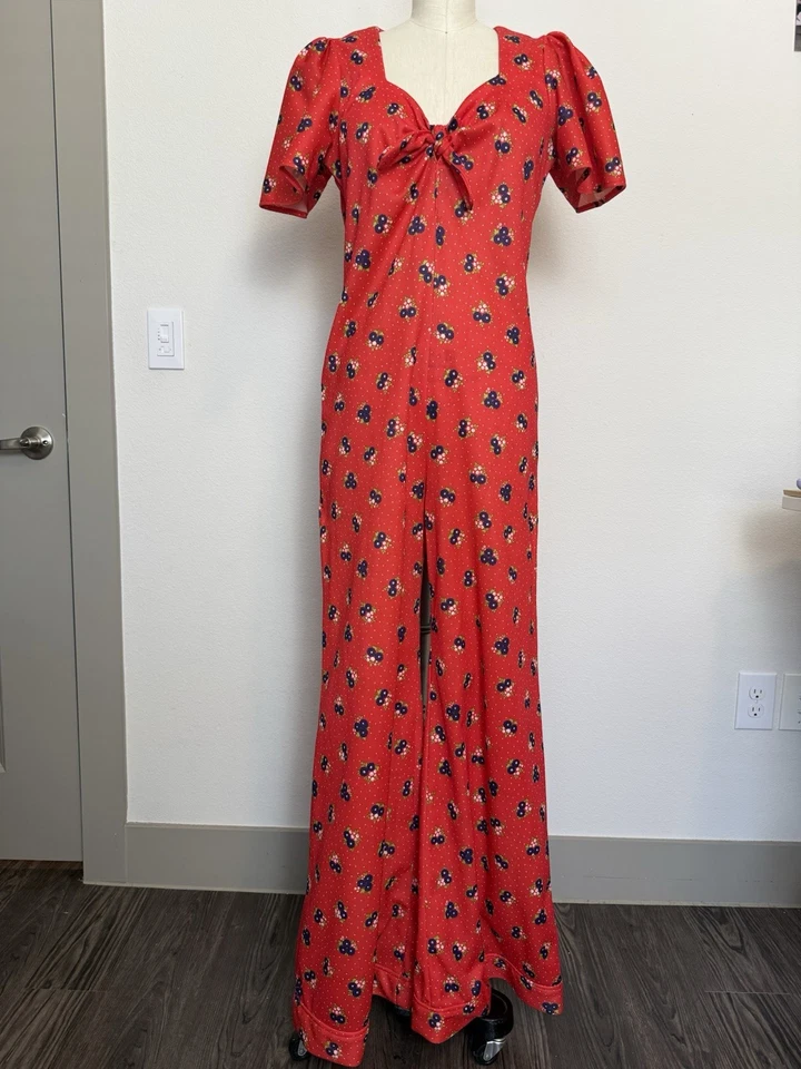 Vintage 1970s Red Floral Wide-Leg Jumpsuit with Puff Sleeves, Size Medium - Image 2 of 4