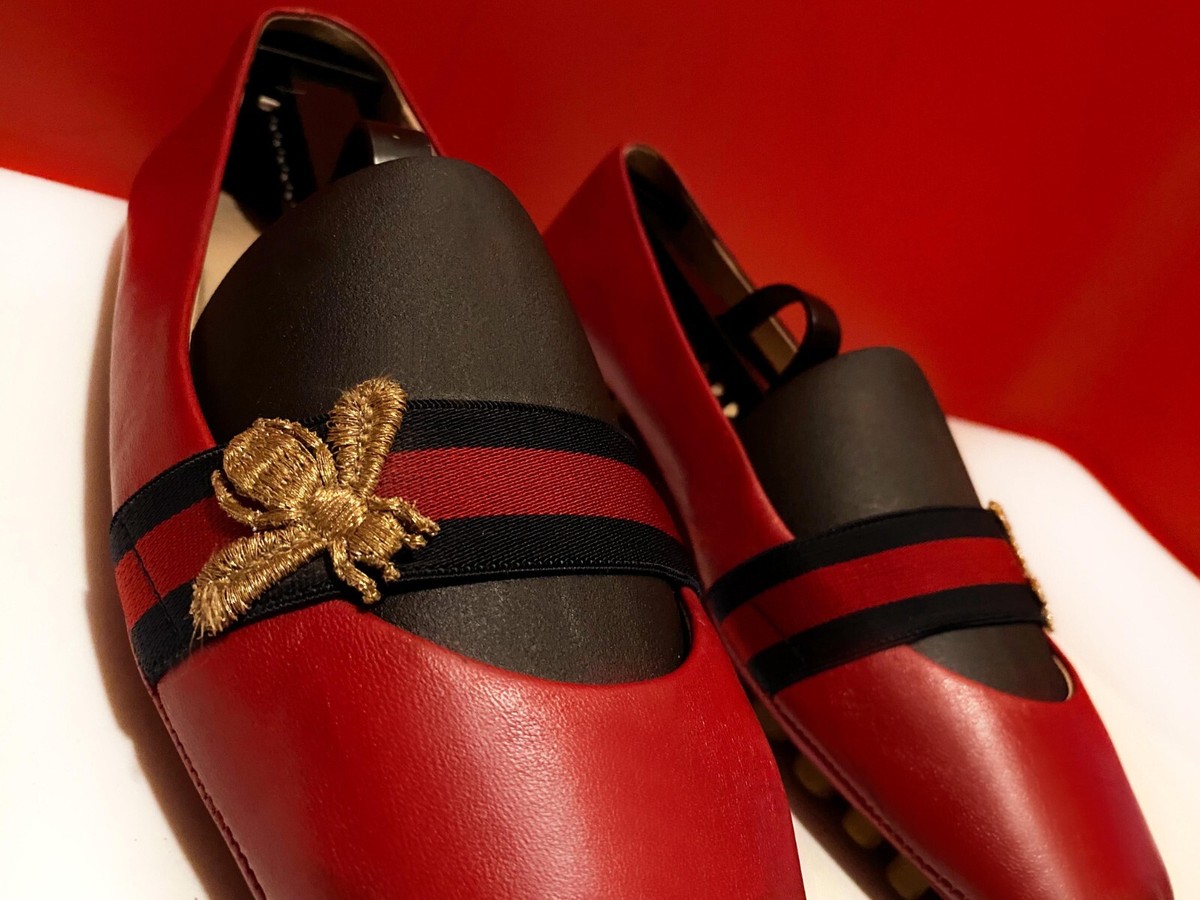 GUCCI 赤 フラットミュール Gucci 540586 Men's Shoes Bordeaux Calf-Skin Leather 'SF