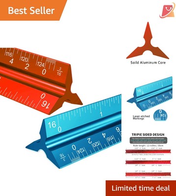 2PCS 12'' Aluminum Triangular Ruler with 6 Scales for Drafting & Measuring