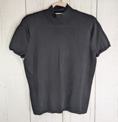 Valerie Stevens Size Large Rayon Nylon Black Mock Neck Short Sleeve Casual Top