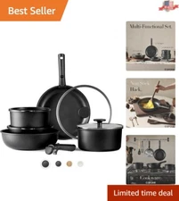 Complete Nonstick Cookware Set with 2 Fry Pans, Sauce Pans & Detachable Handles