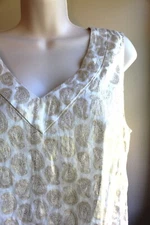St Tropez West Womens L Sleeveless Linen Tunic Shirt Metallic Gold Paisley Vneck