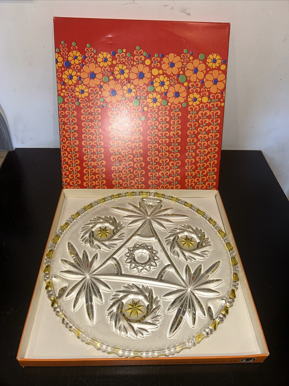 Plat à tarte Walther Kristallglas V1 en cristal transparent et boîte d'origine