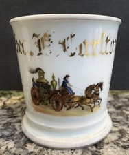 EARLY OCCUPATIONAL SHAVING MUG FIREMAN DRIVING STEAM PUMPER TWO HORSES SUPER