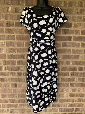 ADINI Short Sleeve Linen Dress, Midi,Black and White Abstract print, Small Roomy