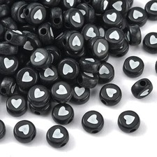 200x Black Acrylic White Heart Flat Round Beads for DIY Jewelry Bracelet Making