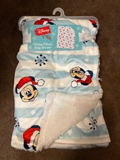 Disney Mickey Baby Blanket Christmas Holiday White Blue Throw 30x40  Gift New