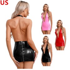 Women's Short Bodycon Dress PU Leather Halter V Neck Backless Mini Dresses