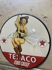 Texaco Fire chief Pinup Girl Pump Oil 2 Lbs Enamel Porcelain Gas Sign