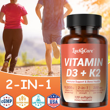 120 Softgels Vitamin D3 10000 IU  K2 200mcg Supplement Virgin Coconut oil