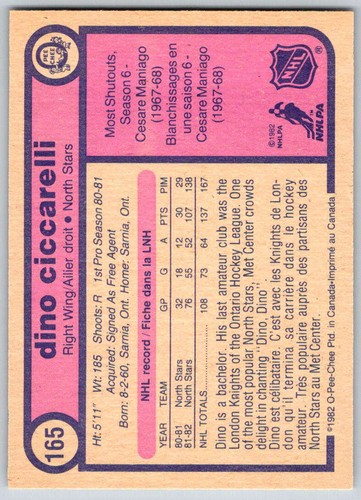 1982-83 O-Pee-Chee #165 Dino Ciccarelli (ref 170869) - Picture 2 of 2