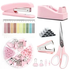 Pink Office Supplies, Pink Desk Accessories, Stapler and Tape Dispenser Set f...