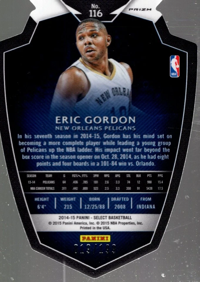 2014-15 Select Premier Prizms Light Blue Die Cut #116 Eric Gordon /199 - BSK - Image 2 of 2