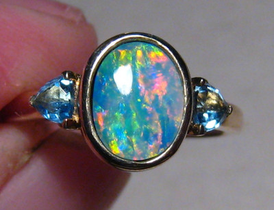 Brillant Opal & Blautopas Ring, massiv 14 Karat Gelbgold, Helligkeit 5