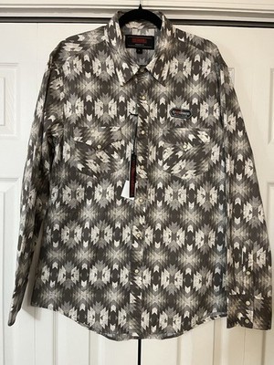 Rock N Roll  Denim AZTEC PRINT GRAY LONG SLEEVE PEARL SNAP  Western Cowboy LG