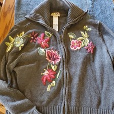 Tiara International Cardigan Medium Full zip collared Gray Embroidered Flowers