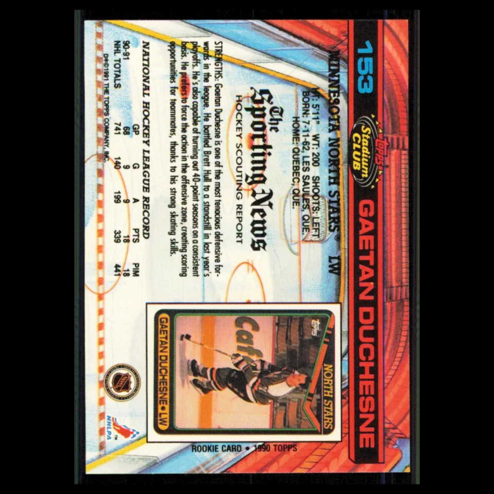 Gaetan Duchesne #153 1991 Topps Stadium Club Minnesota North Stars Hockey Card - Image 2 of 3