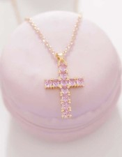 Pink Crystal Cross Pendant Necklace - Multicolor Gold Finish