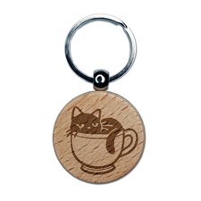 Cute Cat Sleeping In Tea Cup Engraved Wood Round Keychain Tag Charm
