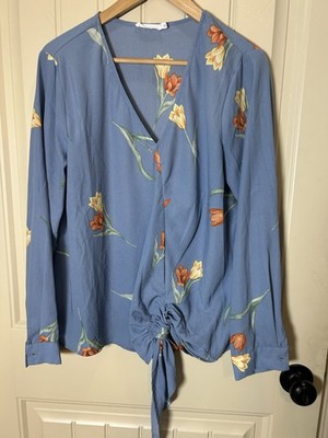 Lush Women's Floral Blue Blouse Size L Long Sleeve V-Neck Chic Summer Career Top