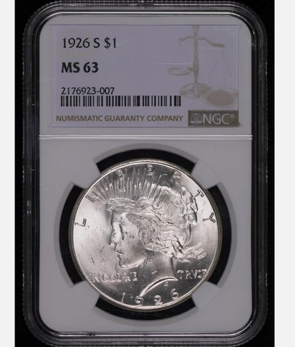:1926-S 1$ SILVER PEACE DOLLAR NGC MS63 BLAST-WHITE CLEAR & BRIGHT HIGHER-GRADES