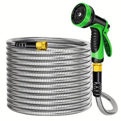 100FT Garden Hose Metal, Stainless Steel Heavy Duty Water Hose Kits With 10 Func