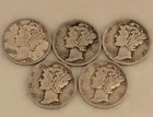 1941 1941-S 1942 1942-S 1945-S Mercury Silver Dimes Lot - VF/AU Toned