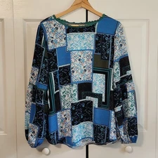 Boutique Blue & Multi-colored Patchwork Long Sleeve Blouse Size Med Lace Balloon