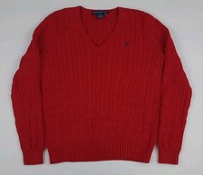 Vintage Polo Sport Ralph Lauren Cable Knit Cotton Pony Sweater Vtg RL Red Womens