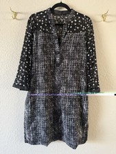 Black White 3/4 Sleeve Kurti Tunic Top Multi Fabric Print Size M Faceted Buttons