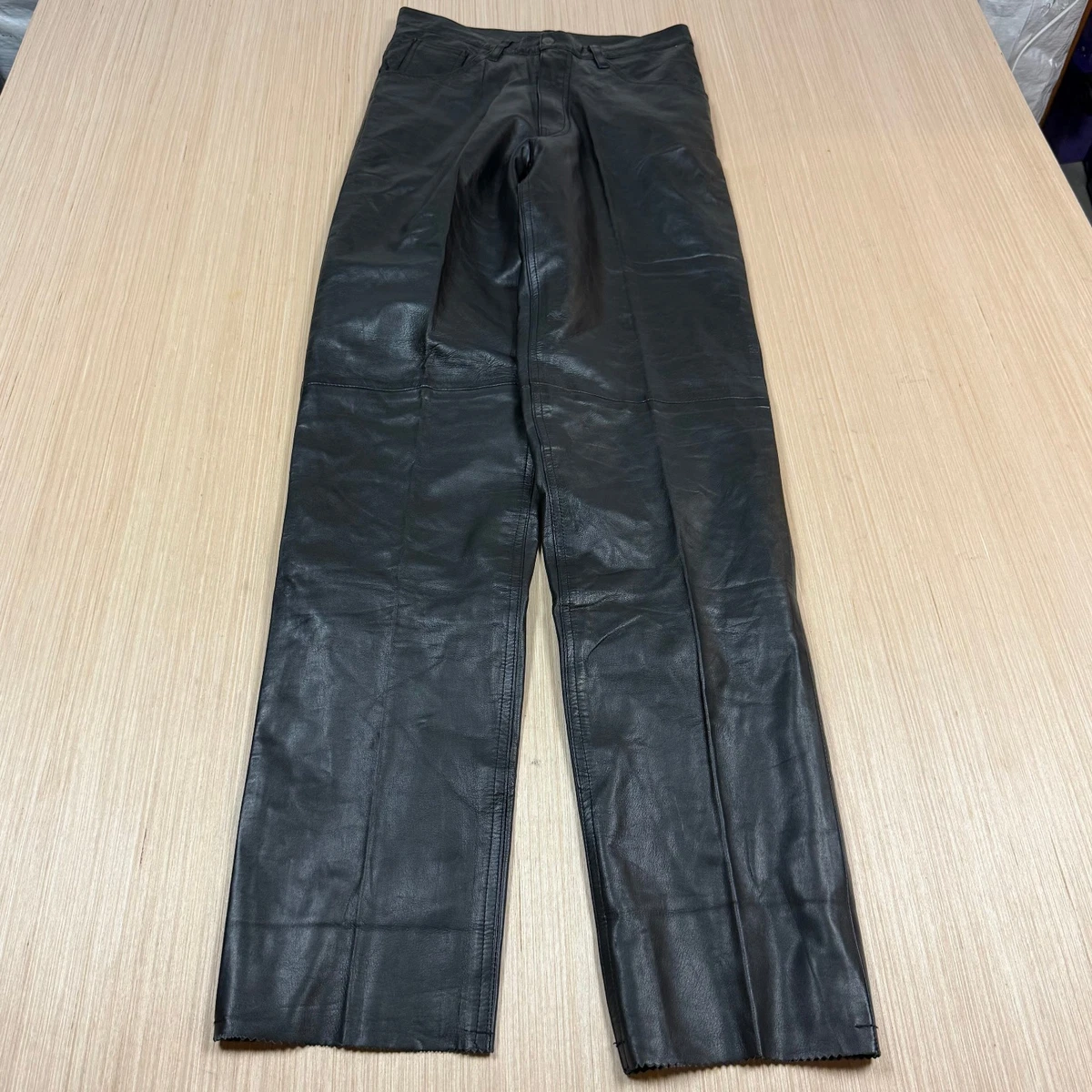 Men's Black Leather Pants – Biker Kink Style – Genuine Cowhide – Trousers With Knee Pads – Sizes 28-48 – Wonswani