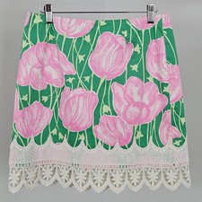 Vintage Lilly Pulitzer Skirt 4 White Label Green Pink Tulip Crochet Trim Lined