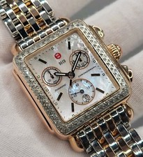 SWISS [n. MINT] Michele Diamond Deco 18K Rose Gold SS Women's Quartz Watch