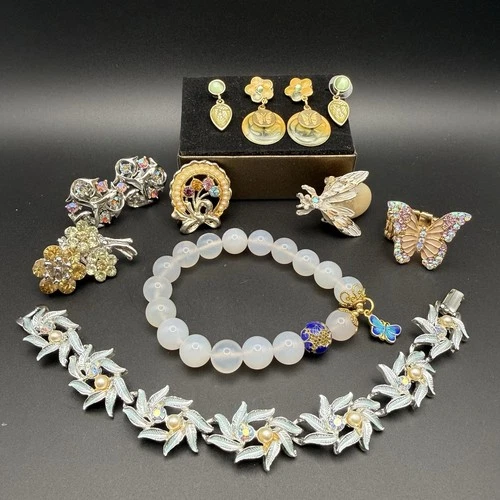 Vintage Butterfly Insect Flower Costume Jewelry Lot Beaded AB Crystal Rhinestone