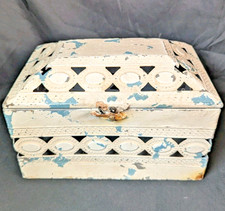 Vintage Rustic Metal Painted Shabby Open Open Work Metal Latched Treasure Box 