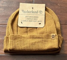 Timberland Brown Wheat Mens Women's Kids 4-7 Logo Cuffed Beanie Hat 2 Piece Set