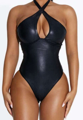 NWT $68 Naked Wardrobe Got Me Drippin  Faux Liquid Leather Bodysuit Black M