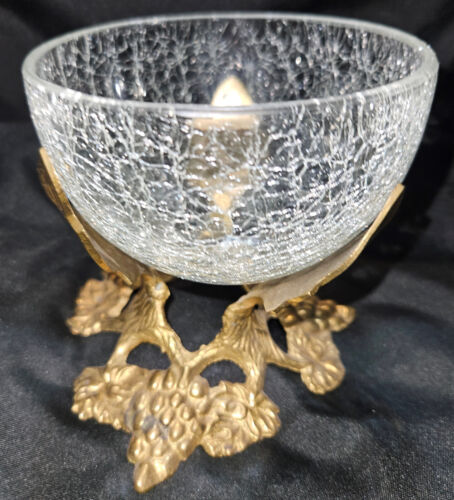 Vintage Crackle Glass Bowl or Votive Candle Holder Brass Stand Grape Leaf India - Picture 1 of 16