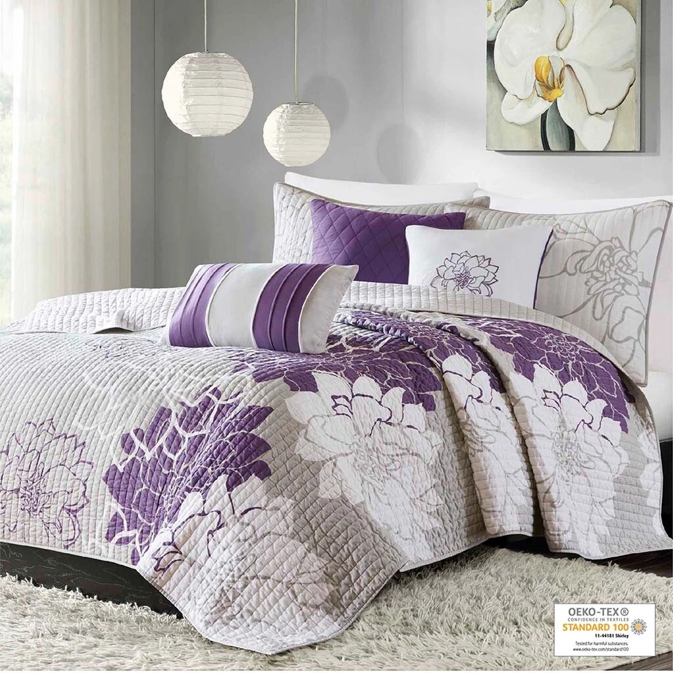 Madison Park Lola 6 Piece Printed Cotton Quilt Set with Throw Pillows Queen King - Image 2 of 4